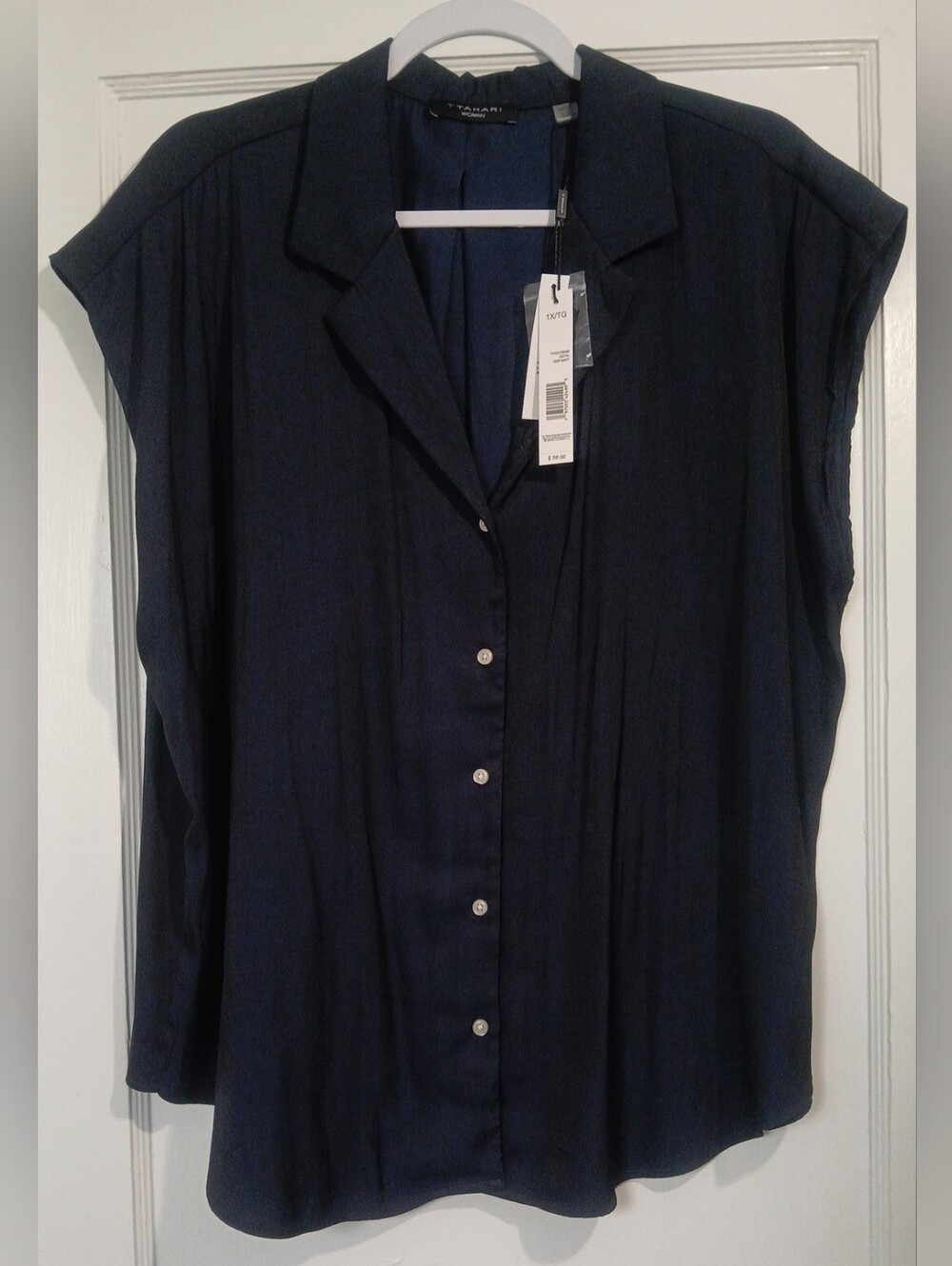 Navy Blue Cap-Sleeve Button-Down Shirt NWT